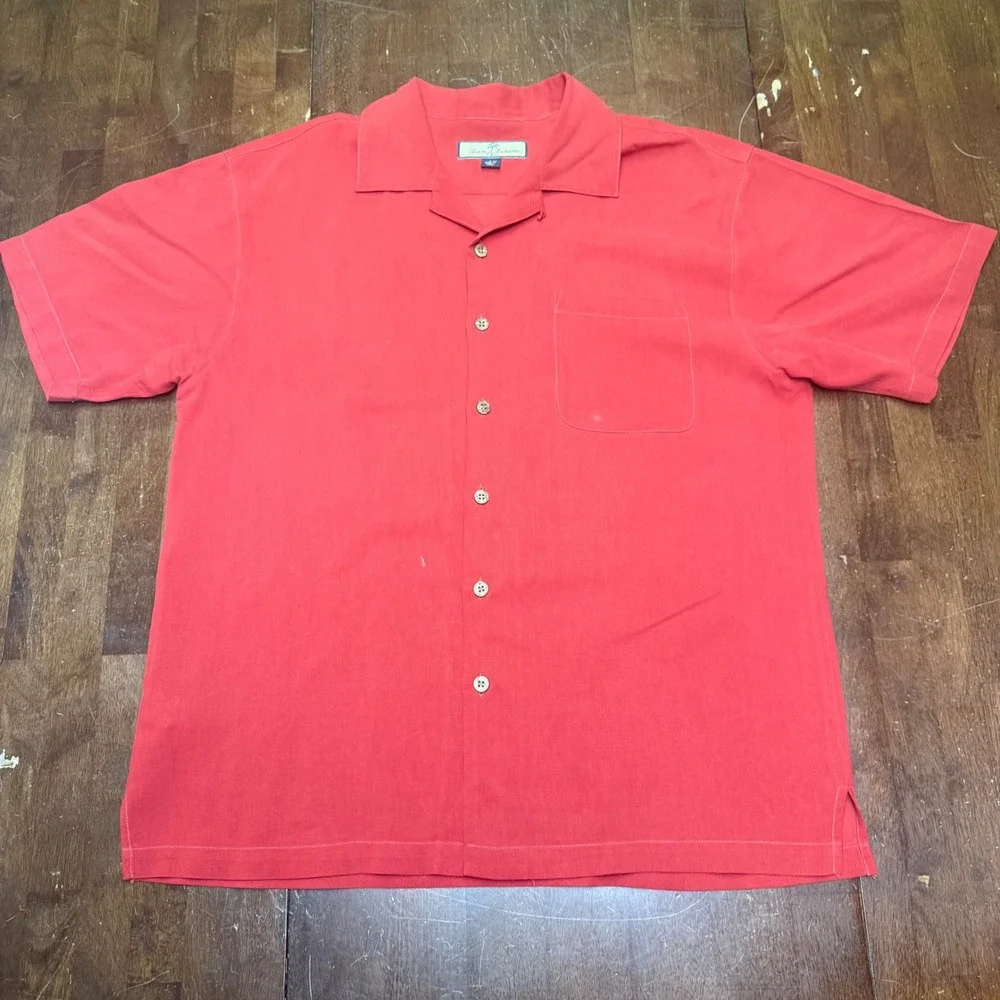 Tommy Bahama‎ Button Up Shirt Mens L Red Silk Paradise Open Golf Embroidered